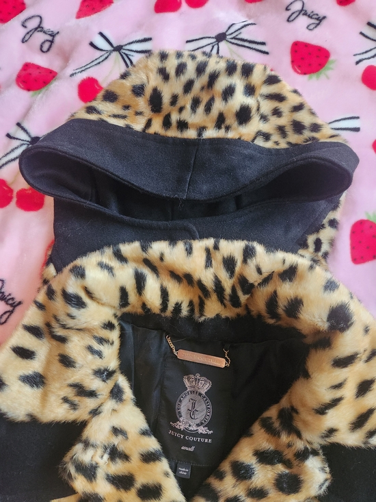 Juicy Couture Leopard Print Faux Fur Coat with Black Trim Gyaru Glam Gal - Picture 2 of 11